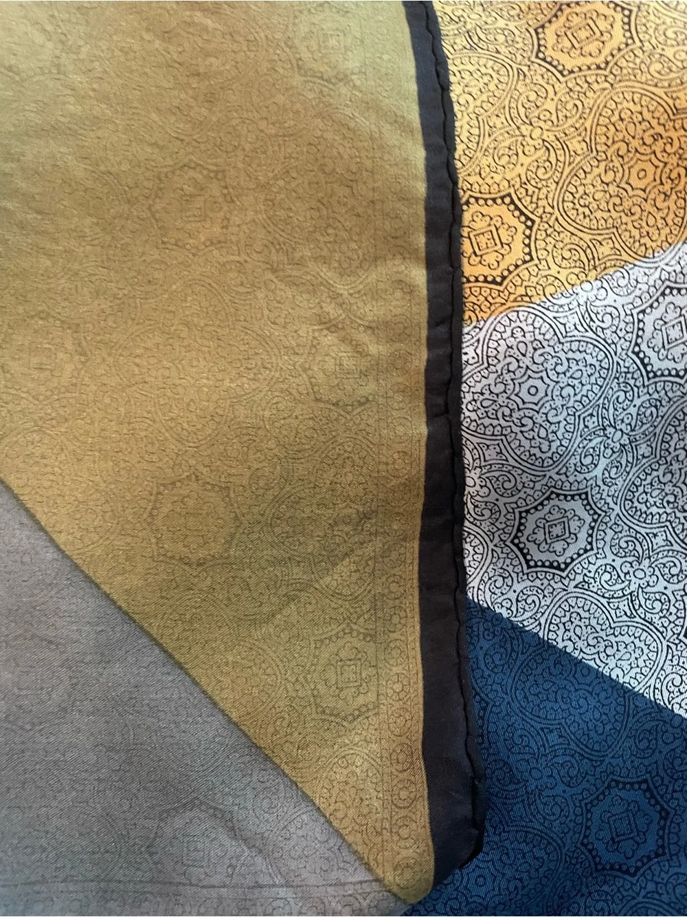 Silk Neckerchief Square Scarf EUC Approximately 18” x 18” Silver, Red, Blue Gold